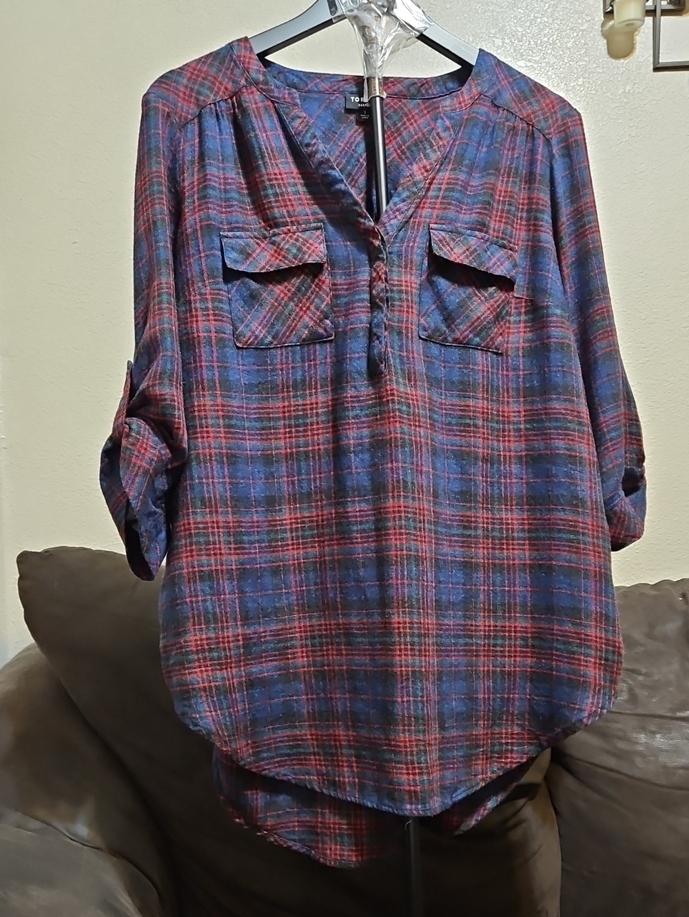 torrid Navy and Red Plaid Roll-Tab Buttonless Blouse